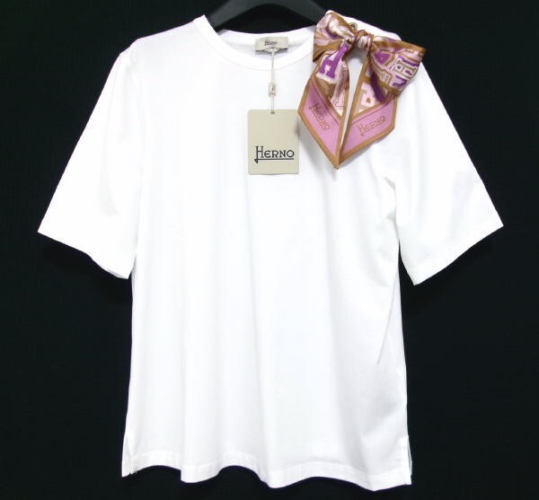新品★HERNO ヘルノ★スカーフ付 Tシャツ★サイズ44 ホワイト★クルーネック カットソー拍卖