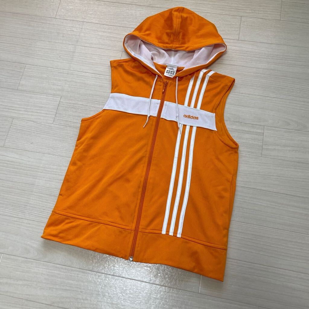アディダス adidas スリーストライプ レディース フード ベスト ジップアップ スポーツウェア オレンジ サイズOT 美品拍卖