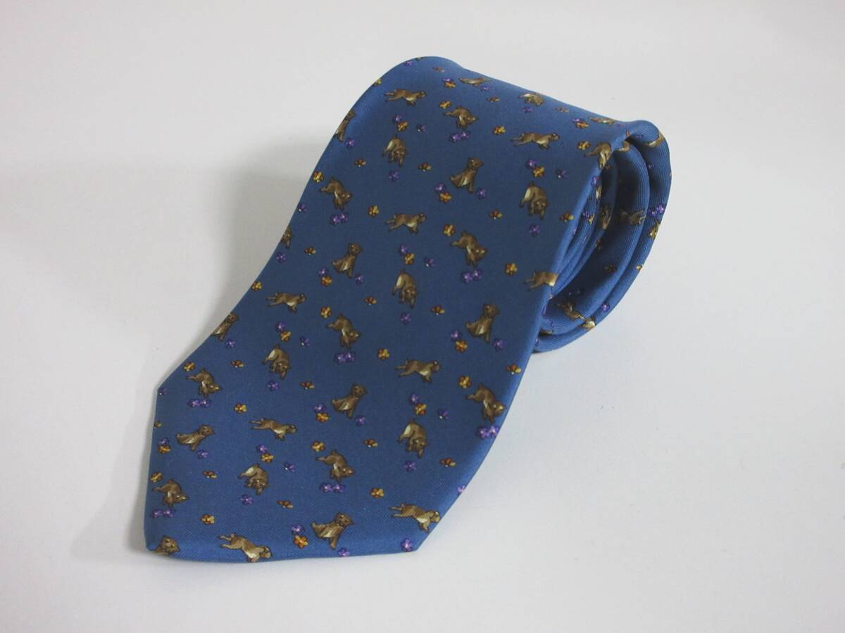 Ferragamo フェラガモ 犬柄 シルク100% ネクタイ ブルー irmri yg5532拍卖
