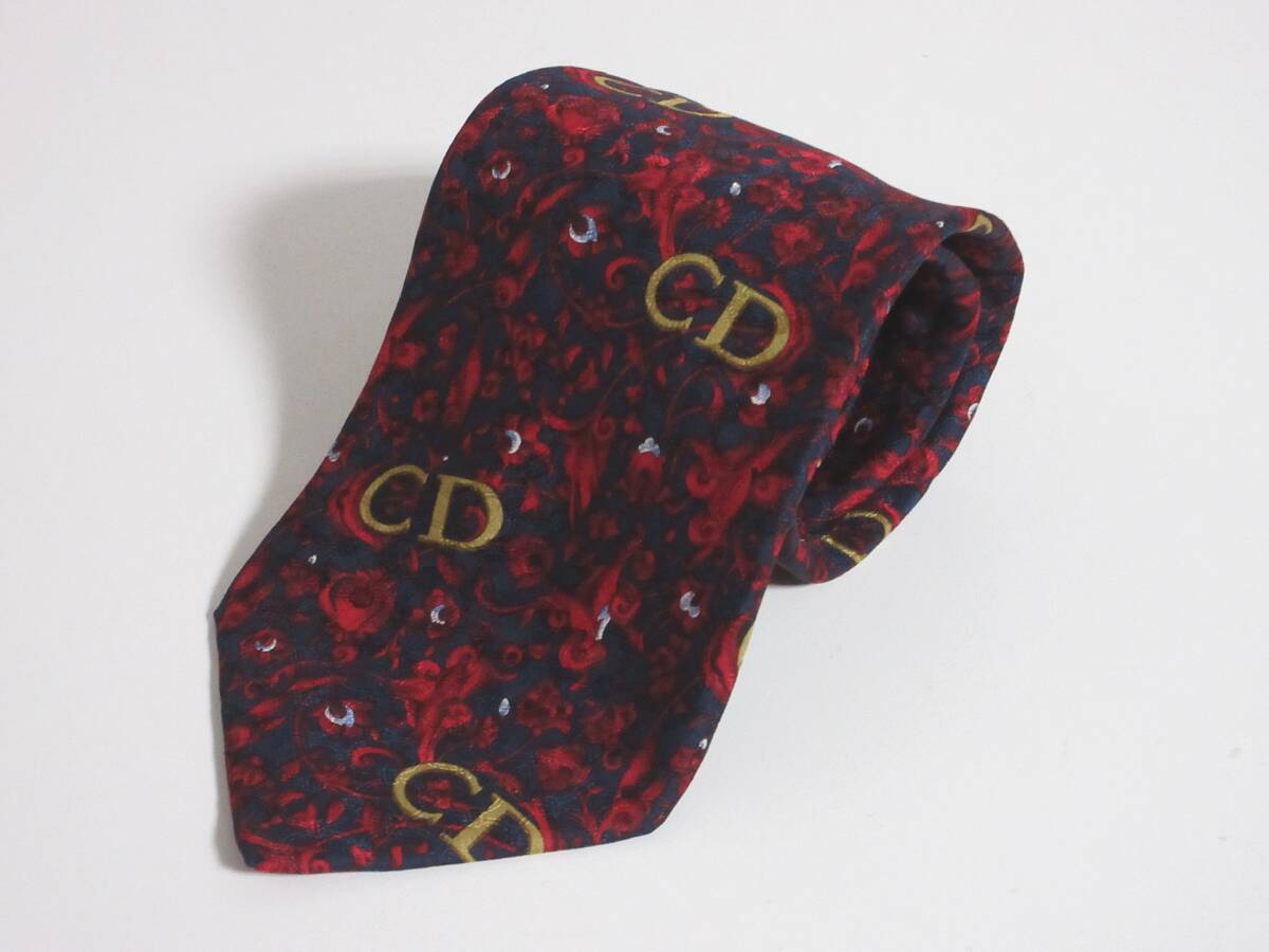 Christian Dior クリスチャン ディオール 花柄 シルク CD ネクタイ レッド ネイビー irmri yg5593拍卖