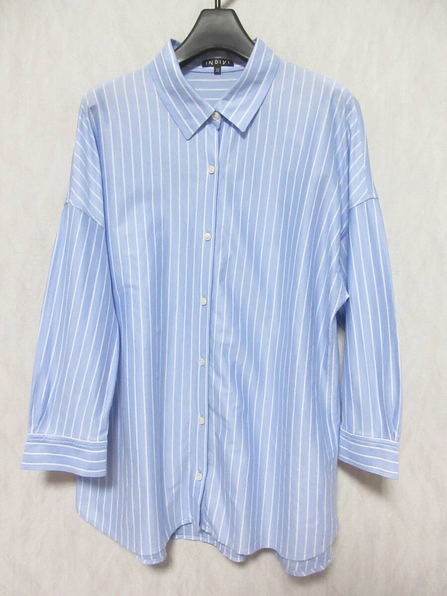 INDIVI インディヴィ ストライプ ドロップショルダー 長袖 シャツ 127-14033 レディース 38 ブルー irmri yg5560拍卖