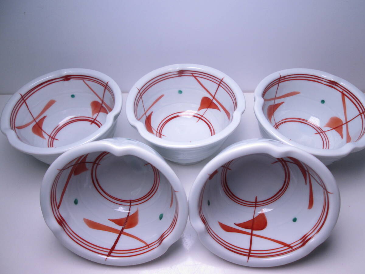 ☆お料理屋さんの器 在銘 赤絵 グリーン/赤 向付 五客 小鉢/懐石/割烹/日本料理拍卖