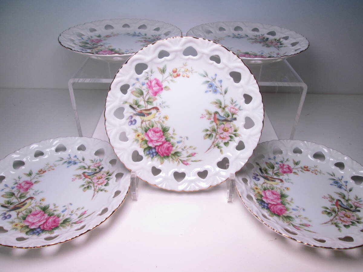☆Harika ハリカ 金彩 薔薇の花と花鳥文 ハート透かし ケーキ皿 15,5cm 5枚 デザートプレート拍卖