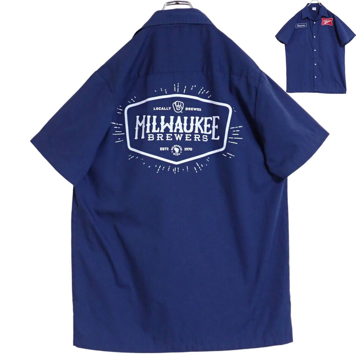 5680/EAGLE PROMOTIONS 半袖 ワークシャツ S●Miller MILWAUKEE BREWERSフロントワッペン バックプリント●ネコポス可●洗濯プレス済●古着拍卖