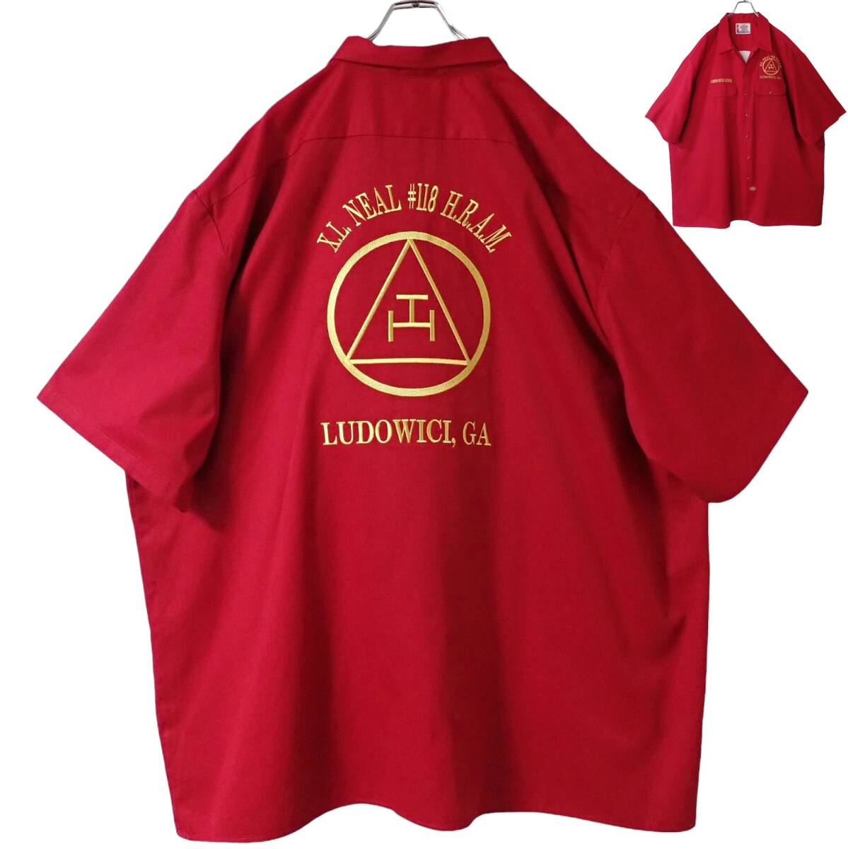 5709/美品Dickies半袖ワークシャツ4XL超ビックKINGsize COMPANION STONE XL.NEAL#118 H.R.A.M.LUDOWICI,GAフリーメイソン トリプルタウ古着拍卖