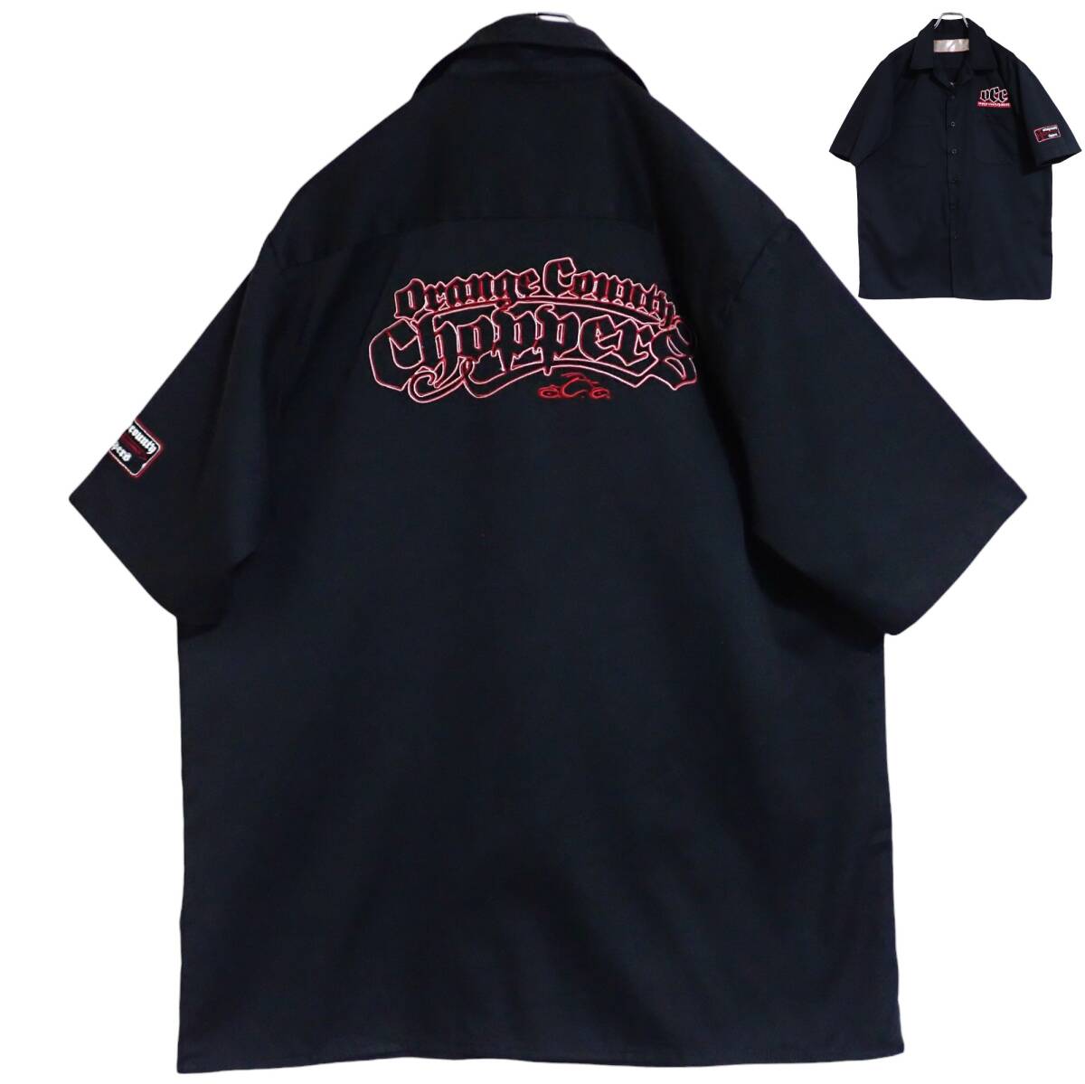 5663/ORANGE COUNTY CHOPPERS 半袖 オープンシャツ M●胸袖バックに刺繍 ダガー チョッパー バイクバイカー●ネコポス可●ワークシャツ古着拍卖
