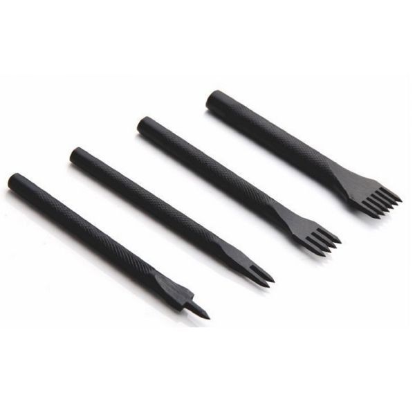 送料無料! 黒色 菱目打ち 4mm レザークラフト 革細工 DIY道具 1/2/4/6 歯 4本セット拍卖