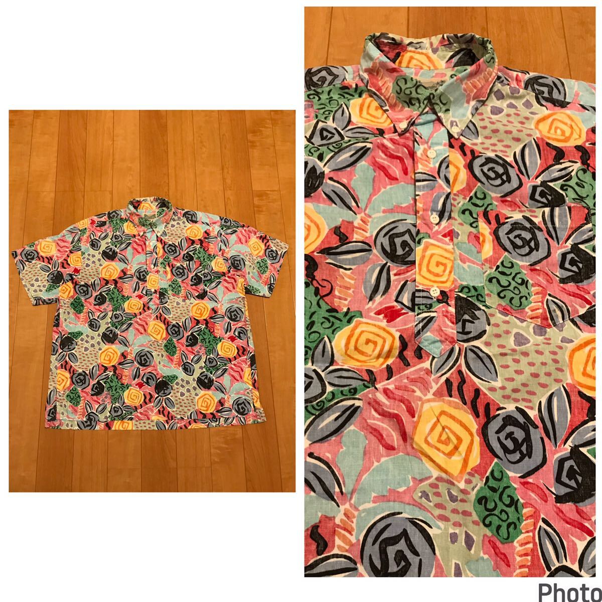 良品☆90s〜Wrangler/ラングラー オーバーサイズL大き目 半袖希少プルオーバー BD裏使いアロハシャツ JAMS風POPアート画調.椰子の木他総柄拍卖