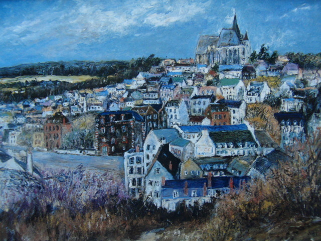 大國章夫、「寺院と集落(ガラルドン・パリ郊外)」、希少画集・額装画、日本製・新品額縁にて額装致します、状態良好、日本人画家拍卖