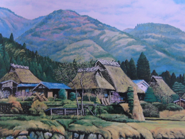 細川進、「集落早春」、希少画集・額装画、日本製・新品額縁にて額装致します、状態良好、日本人画家拍卖