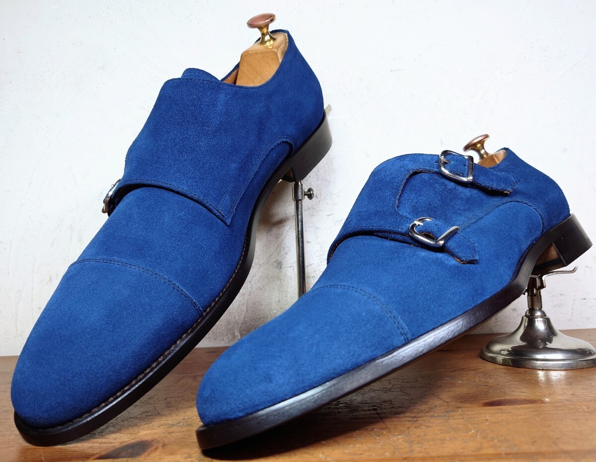 【試し履きのみ/送料無料】ITALY製 DOUCAL'S/デュカルス ダブルモンクストラップ 43 28cm相応 ブルー スエード/santoni magnanni拍卖