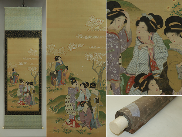 名品【肉筆】伝・宮川長春【桜見物図】◆絹本◆合箱◆掛軸 s02067拍卖