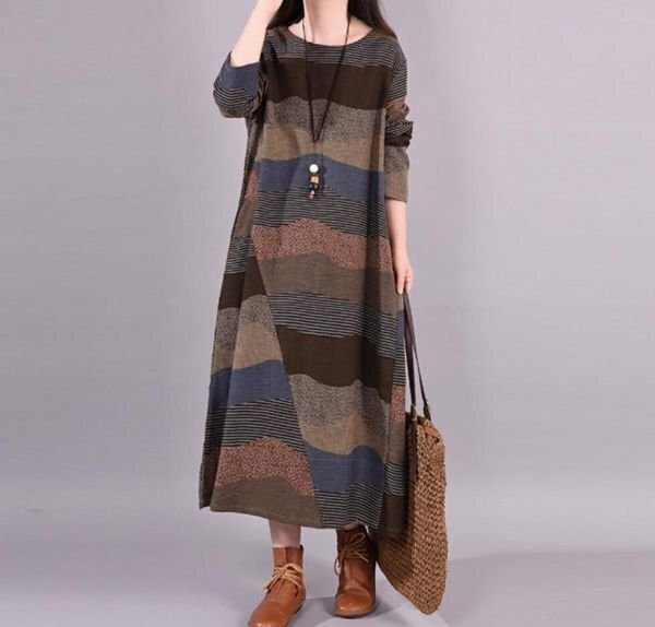 秋 カジュアル ゆったり プリント柄綿麻大きいサイズ ロングワンピース オシャレ コーヒー/XLサイズ K0330拍卖