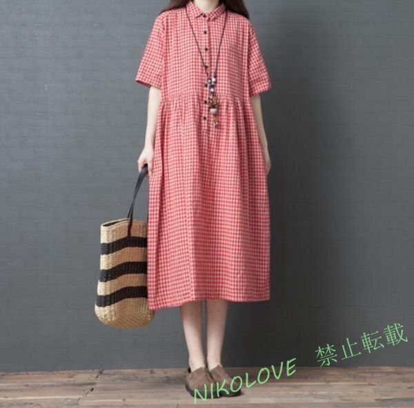 カジュアル チェック柄 可愛い大人綿麻 ゆったり 大きいサイズ 半袖 シャツチュニックワンピース 赤 MサイズK0307拍卖
