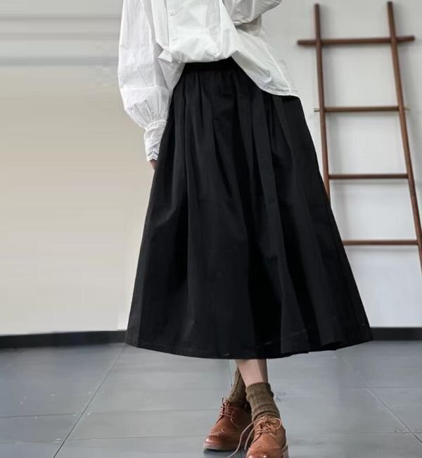 ボトムス スカート マキシ丈 レディース 大きいサイズ ゆったり フレア ロングスカート 無地 Aライン コットン スカート ブラックK0281拍卖