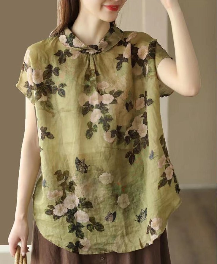 ブラウス レディース 綿麻 トップス 半袖 薄手 カジュアル ゆったり プリント柄 シャツ 可愛い 大人 おしゃれ チュニック グリーン K0214拍卖