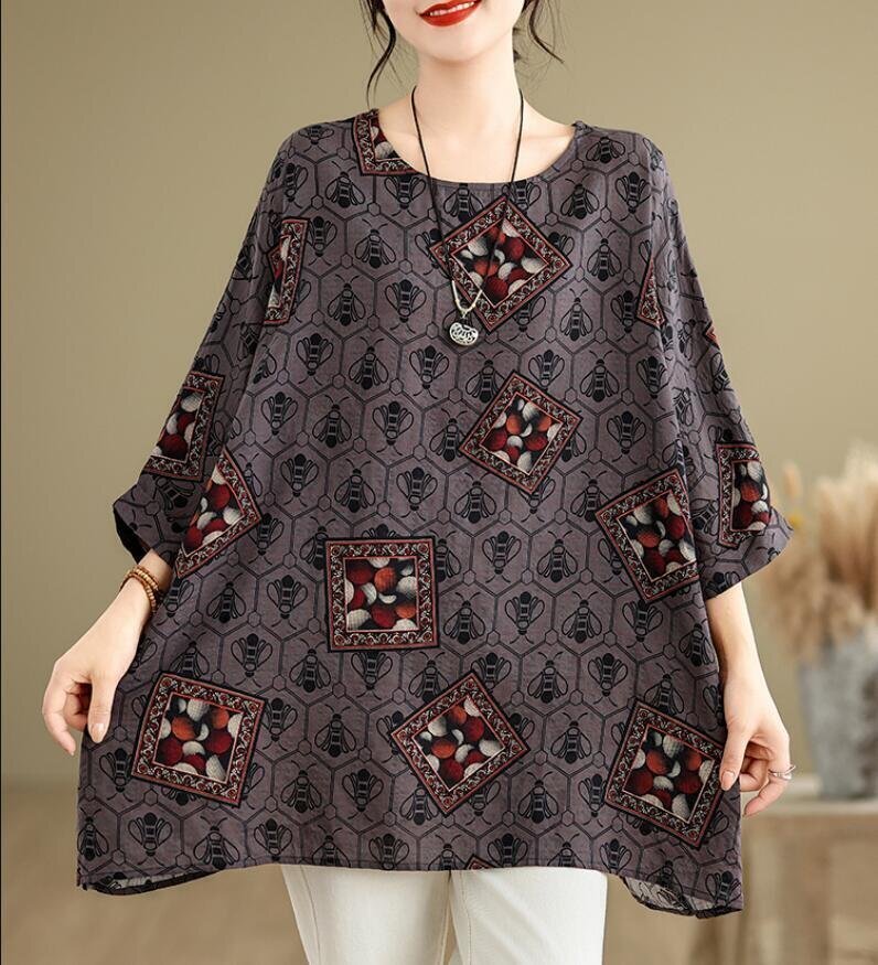 チュニック 夏 ドルマン袖 ロング ブラウス レディース トップス プリント柄 大きいサイズ ゆったり 大人 可愛い カジュアル グレーK0276拍卖