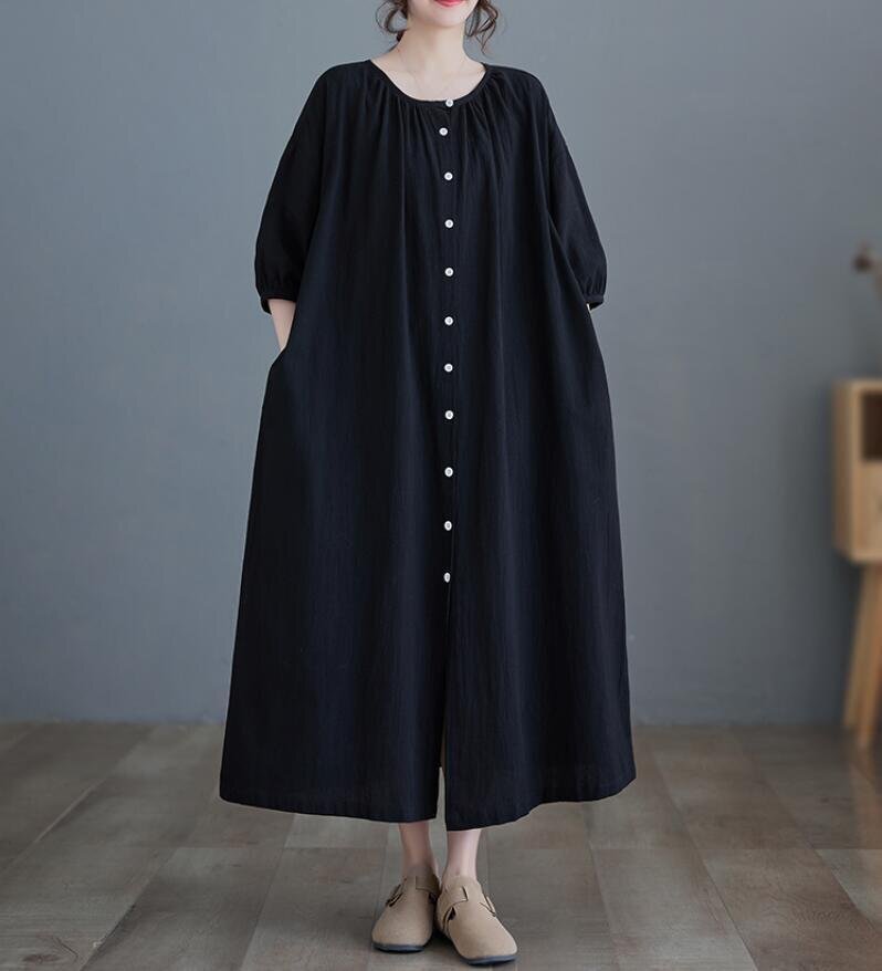 カジュアル ゆったり 綿麻 ロングワンピース 森ガール 体型カバー 大きいサイズ ミモレ丈ワンピース ブラックK0248拍卖