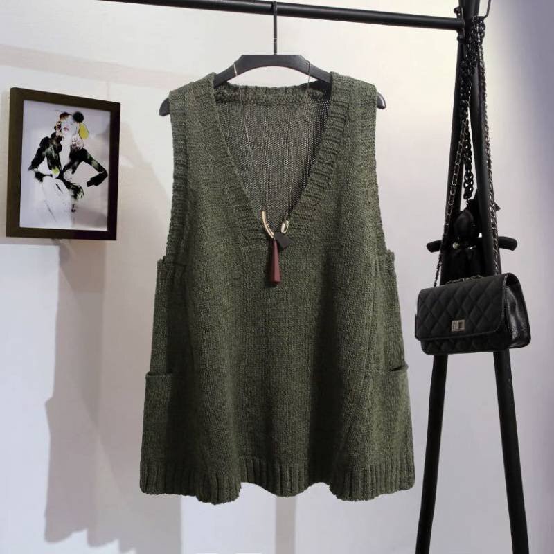 オシャレ秋新品 ニットベスト ゆったり ニットセーター レディース Vネック ベストセーター 緑Fお色選択可 K0039拍卖