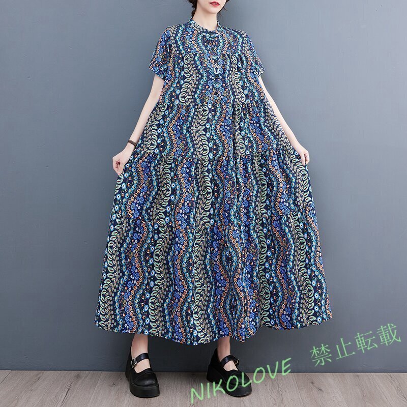 Fサイズ カジュアル ロング シャツワンピース 夏 半袖 体型カバー 大きいサイズ マキシ丈ワンピース 大人K0318拍卖