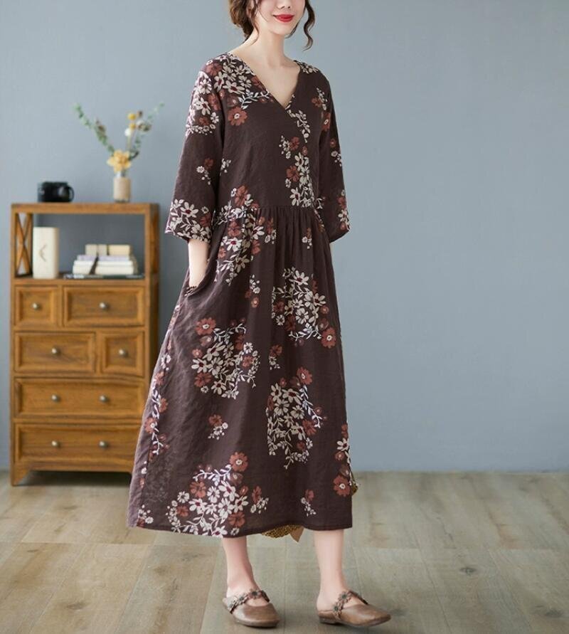 カジュアル ロングワンピース 花柄ワンピース きれいめ プリント柄 通勤 大人 着やせ 半袖 マキシ丈ワンピース 大きいサイズK0244拍卖