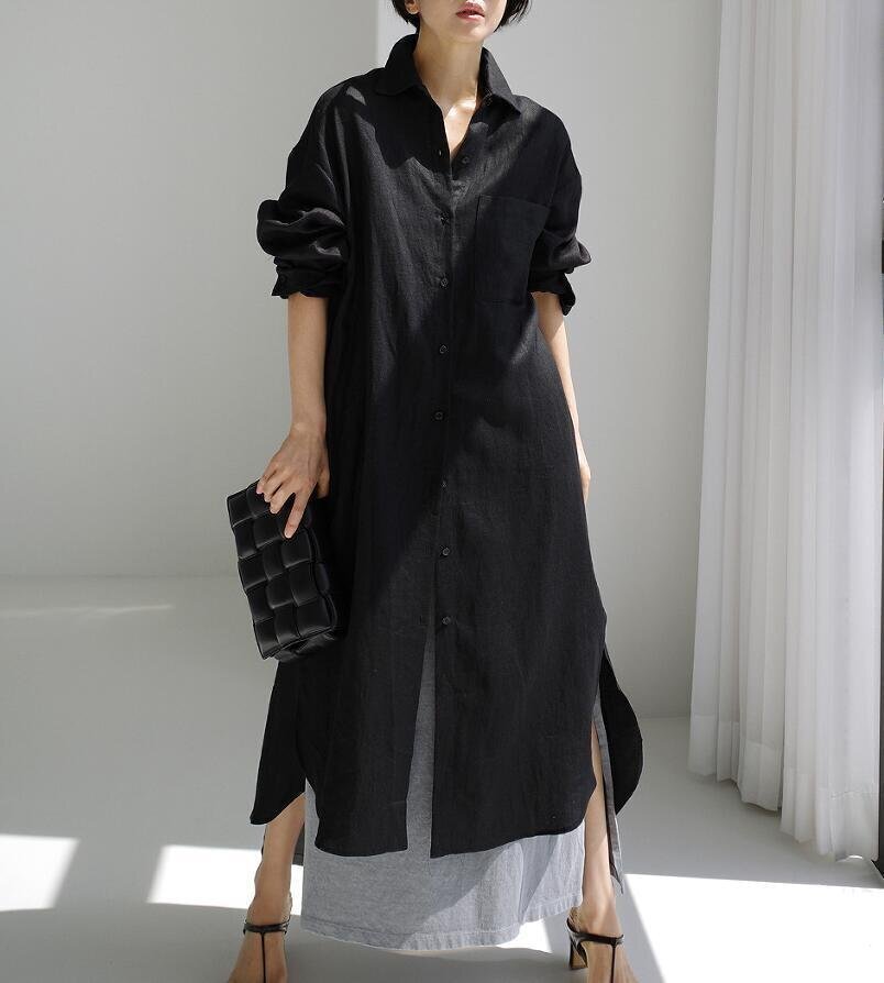 シャツワンピース レディース マキシワンピース リネン風ワンピース 体型カバー 大きいサイズ 黒/Lサイズ K0297拍卖