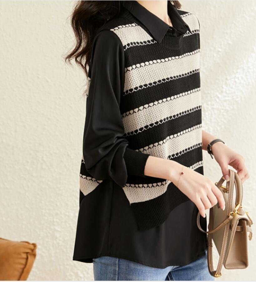 秋冬 セーター レディース ニット セーター ボーダー柄 切り替え 重ね着風 トップス キレイめ ニットチュニック 大人 お洒落 黒K0400拍卖