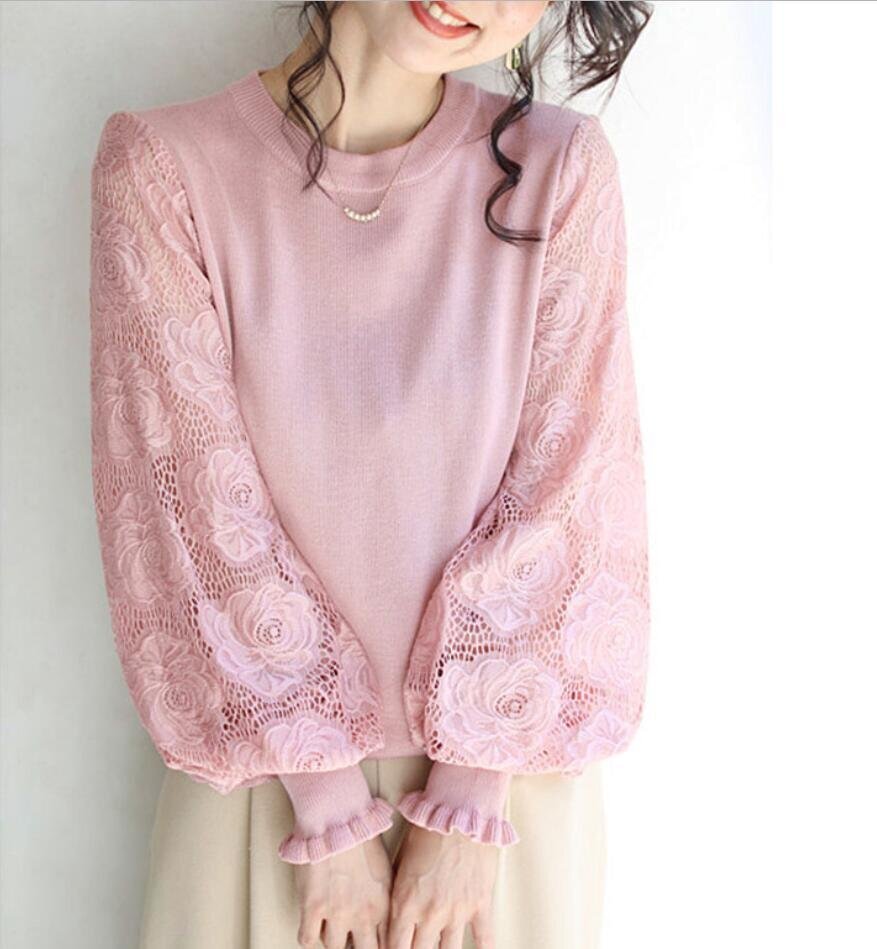 ニット トップス カジュアル ニット 長袖 レース切り替え お花 可愛い 大人 レディースセーター 着やせ チュニック ピンク K0394拍卖