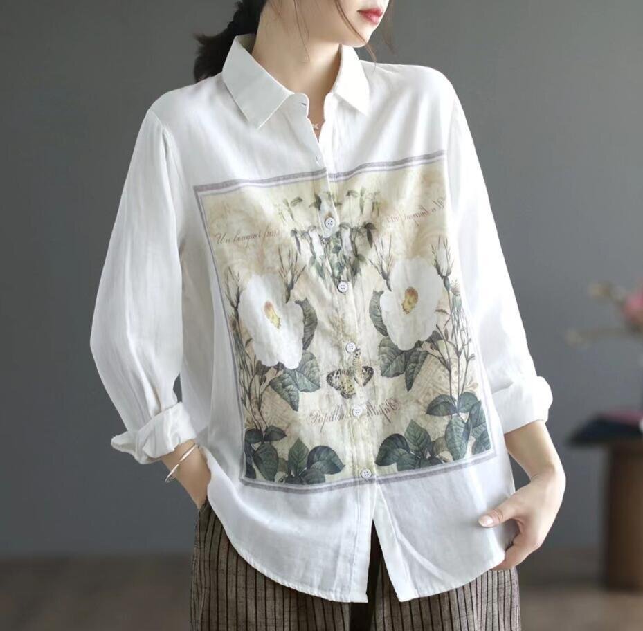 カジュアル チュニック 綿麻 プリント柄 切り替え ブラウス ゆったり 大きいサイズ 素敵な 長袖 ブラウスシャツ LK0284拍卖