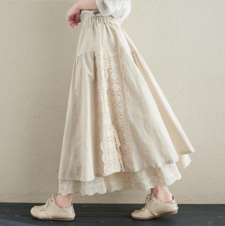 今季 レース 切り替え スカート 刺繍り レディース ボトムス ロングスカート ロング丈 おしゃれ 麻色/LサイズK0287拍卖