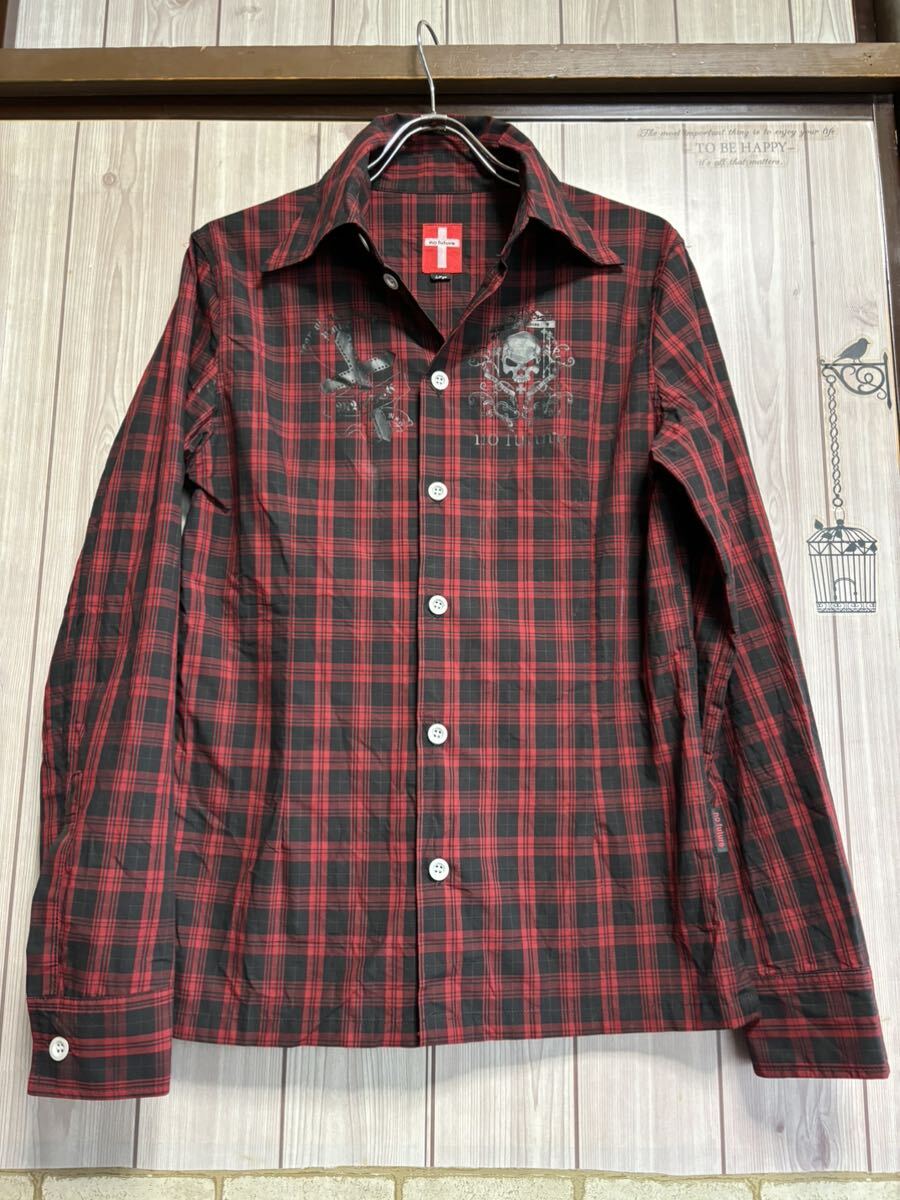 no future 赤 チェック スカル クロス 英字 シャツ ノーフューチャー拍卖