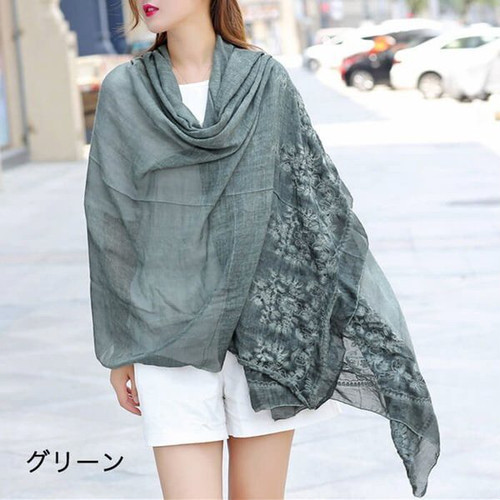 ストール 大判 ロング ショール 夏 春 グリーン系 無地 レース 刺繍 薄手 レディース マフラー 大きい やわらかい UVカット 秋 綿 aa12拍卖