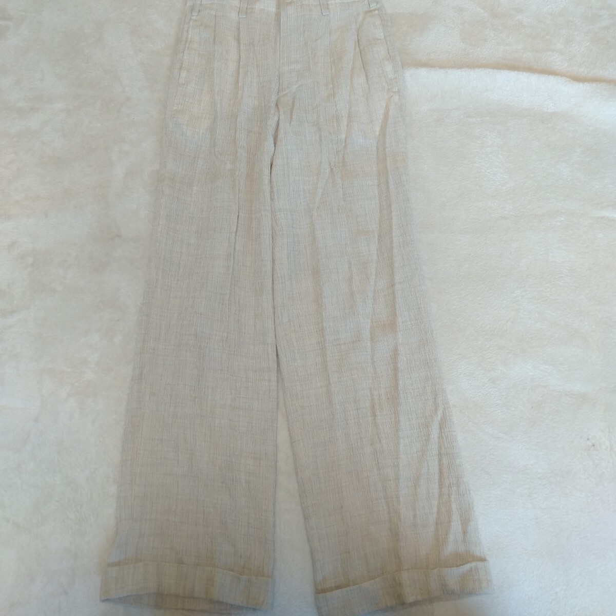 む292 F.M.P サイズS ポリノジック 麻 パンツ タックパンツ ロールアップ 白 ベージュ センタープレス スラックス 洋服拍卖