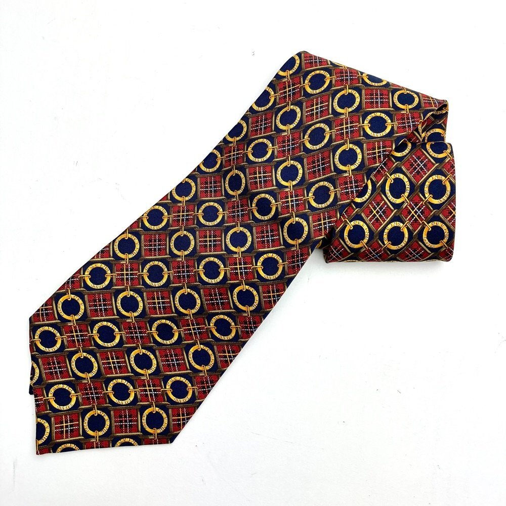 *rm) CELINE セリーヌ PURE SILK 表記 総柄 レッド×ネイビー系 ネクタイ MADE IN SPAIN 服飾 ブランド品 中古 USED ※ゆうパケット300円拍卖