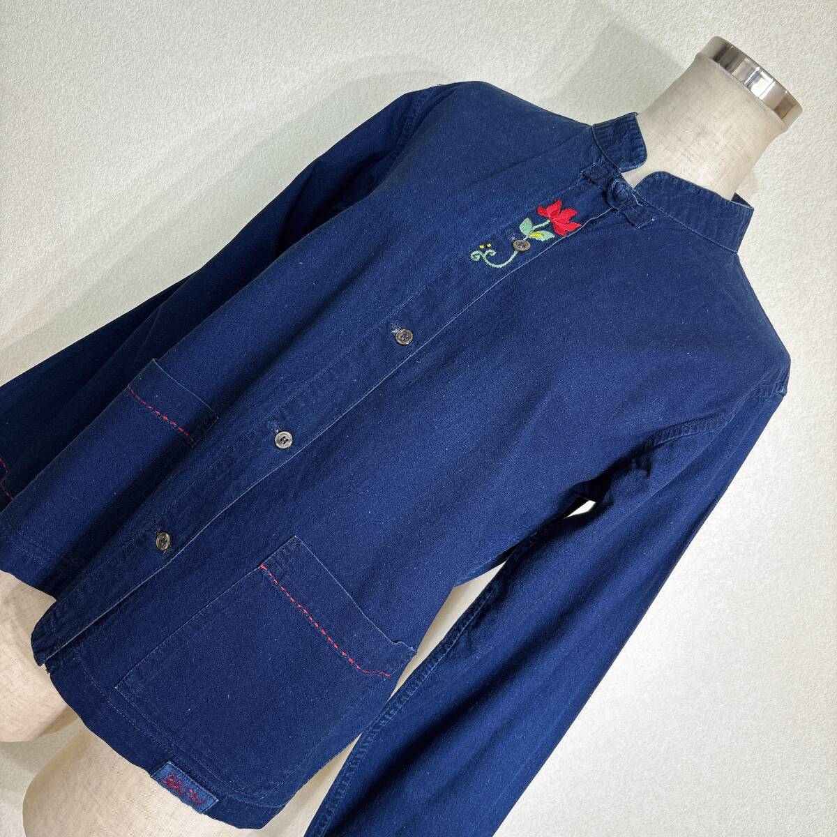 B804■Chiang Mai DELUXE/GAIJIN MADE★インディゴ藍染/花刺繍★チャイナシャツ■拍卖