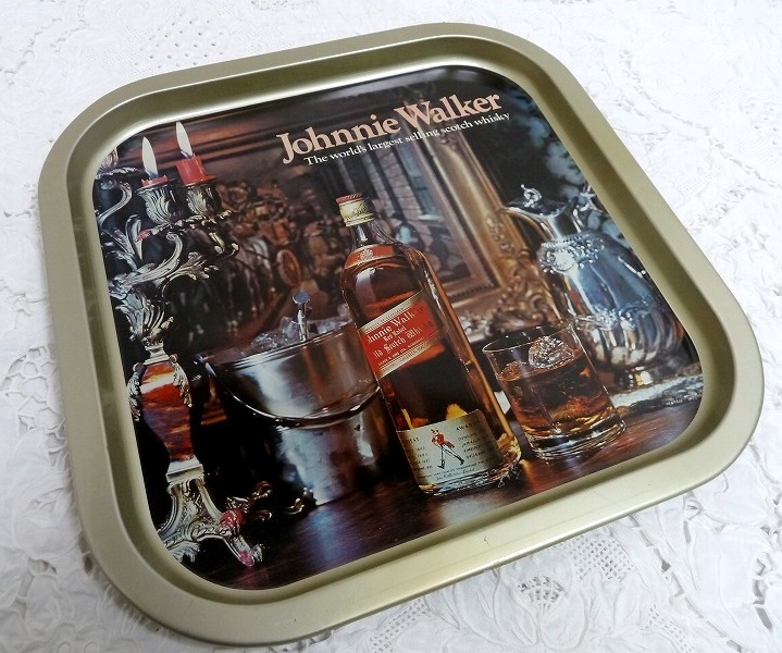 (☆BM)非売品 Johnnie Walker/ジョニーウォーカー トレイ 35×35 お盆 スコッチウィスキー 販促品 トレー レトロ バー ディスプレイ 角盆 拍卖