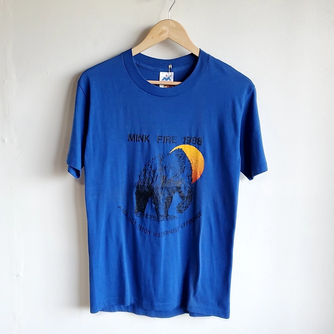 T15◆80S USA製 MILLER 半袖 プリントTシャツ sizeL 青 ブルー vintage 古着 USED 中古 MINK FIRE 1988 熊 アニマル拍卖