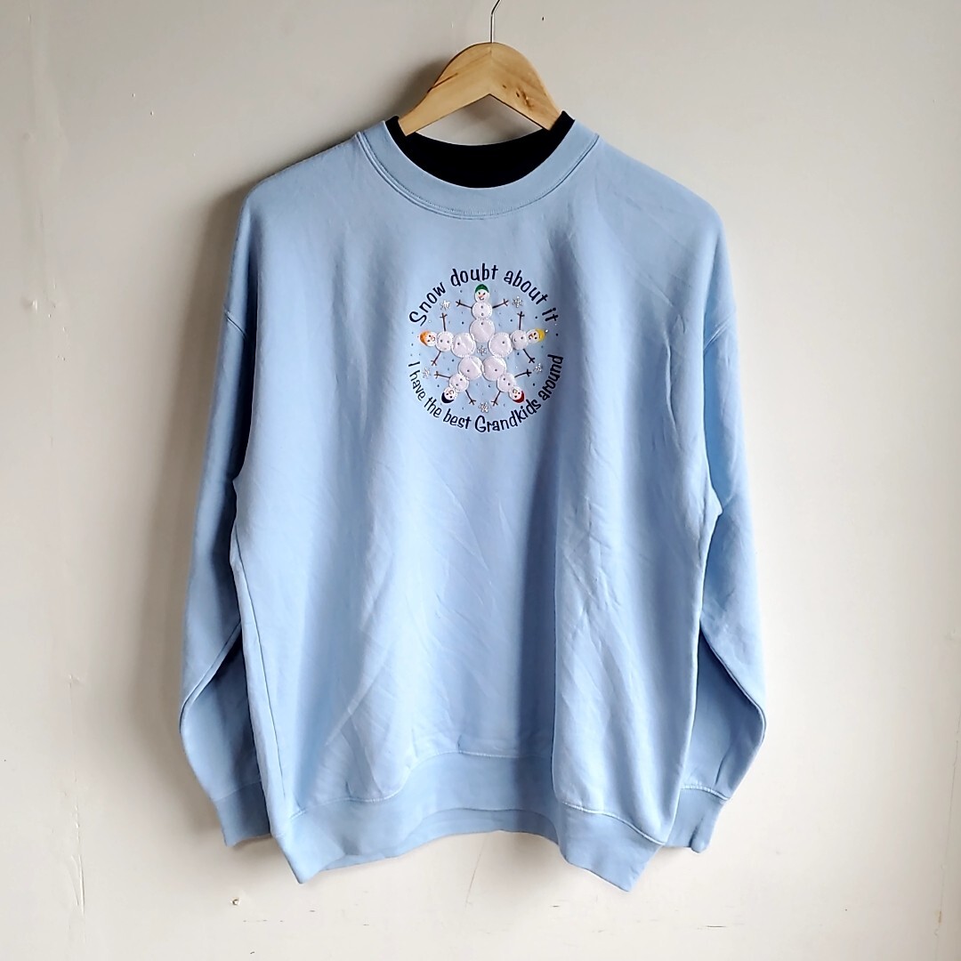 C79◆Mc ENERGY 長袖 二重襟 スウェット sizeL 水色 ブルー系 雪だるま 冬 クリスマス トレーナー 中古 USED 古着拍卖