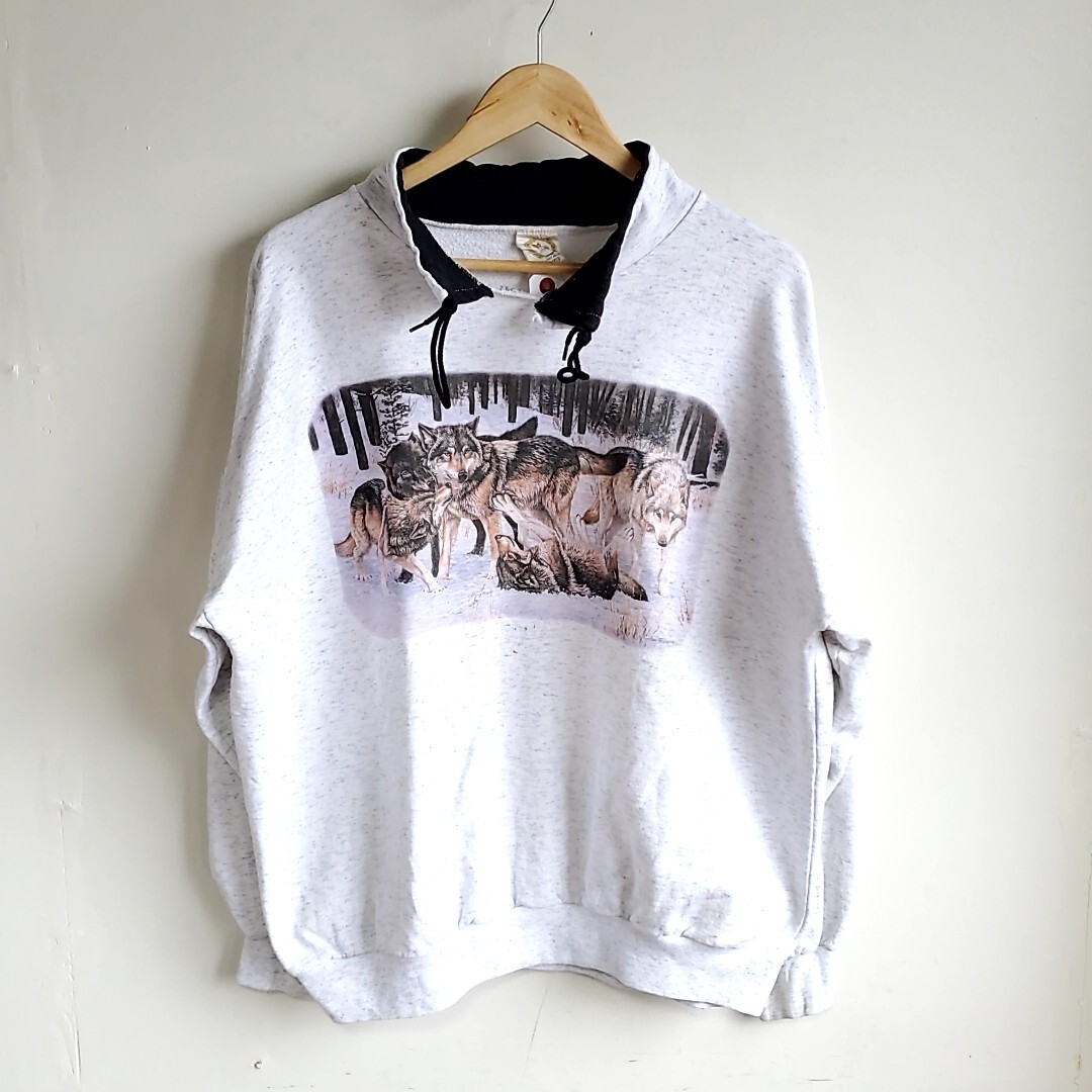 D10◆カナダ製 90s JR SPORTSWEAR スウェット sizeXL グレー 灰色 狼 動物 アニマル トレーナー 中古 USED 古着 vintage ヴィンテージ拍卖