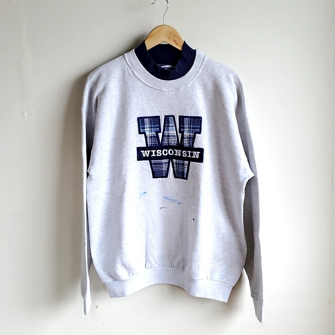D39◆90s USA製 Endless Designs 二重襟 スウェット sizeL 灰×紺 グレー×ネイビー WISCONSIN 長袖 トレーナー 中古 USED 古着 拍卖