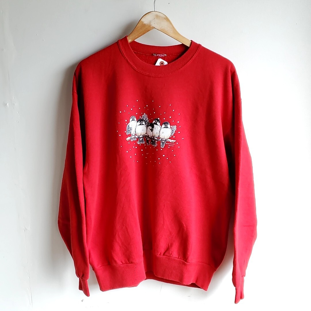C83◆MORNING SUN スウェット size- 赤 レッド スズメ 鳥 動物 アニマル 長袖 トレーナー 中古 USED 古着拍卖
