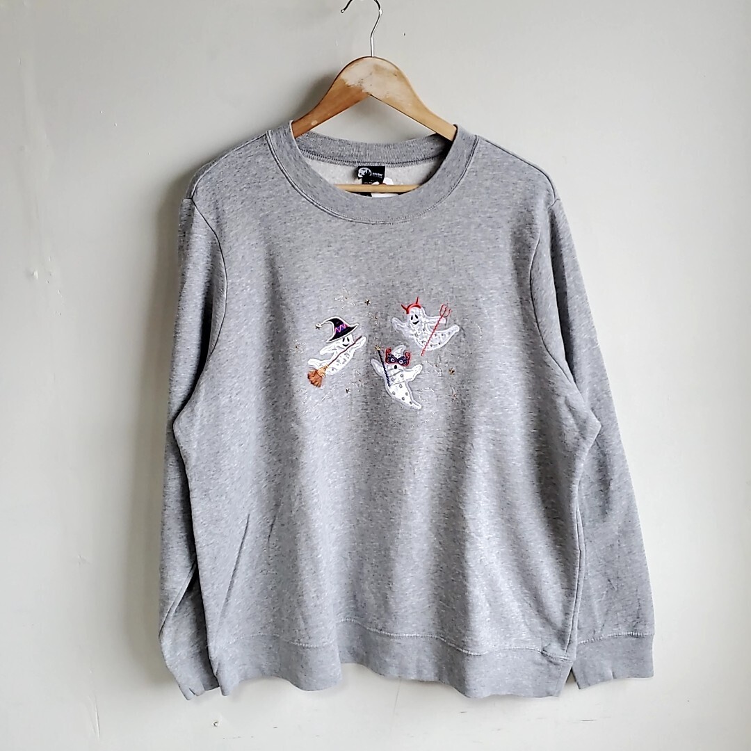 C86◆HOLIDAY EDITIONS 長袖 スウェット size1X グレー お化け ハロウィン 幽霊 刺繍 トレーナー USED 古着 中古  拍卖