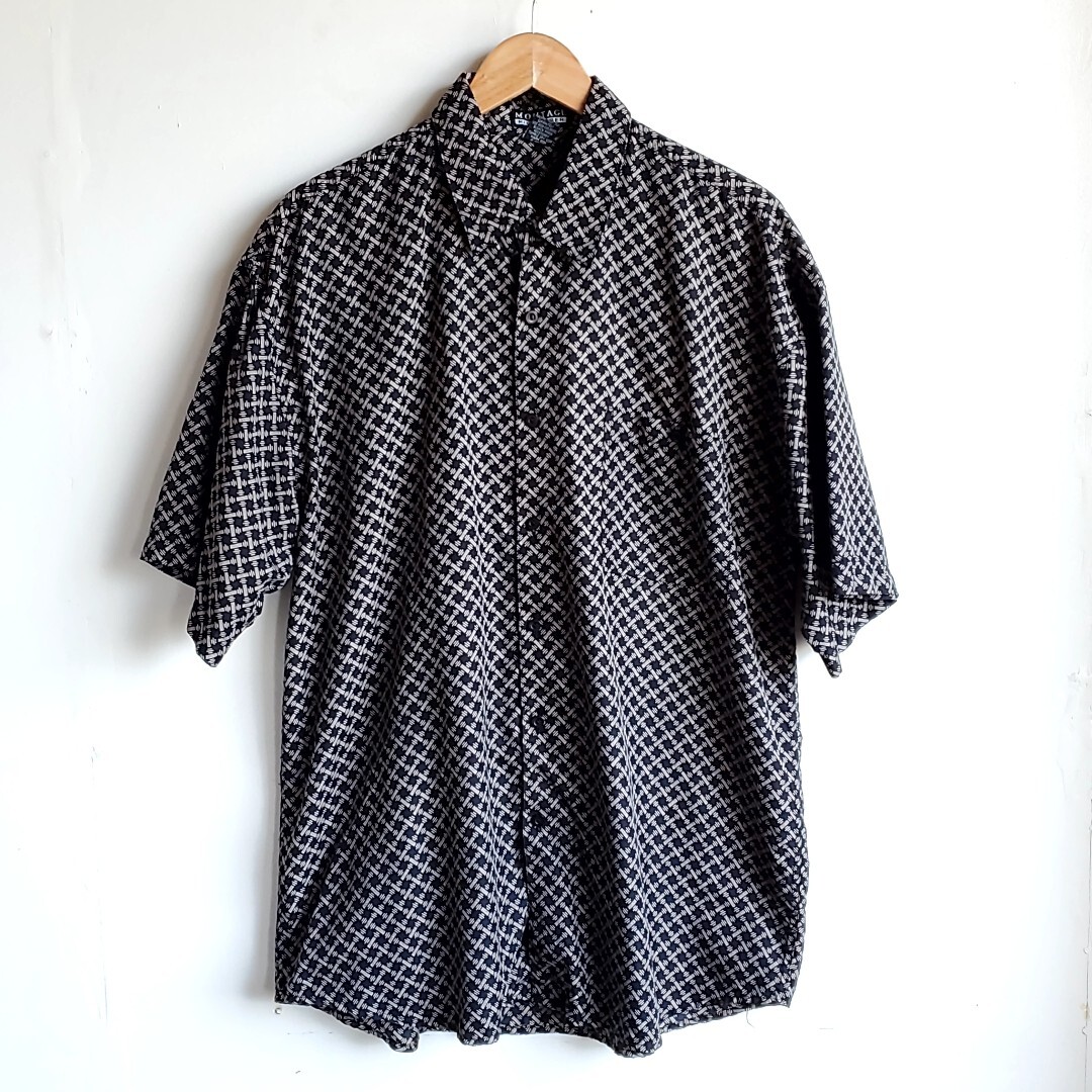 151◆MONTAGE MICROFIBER ポリエステル 総柄 半袖シャツ sizeL 黒ベース ブラック 中古 USED 古着拍卖