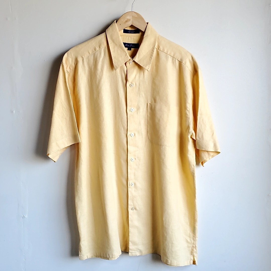 603◆ALAN FLUSSEN リネン 半袖シャツ sizeM 黄色 イエロー シンプル 無地 麻 中古 USED 古着拍卖