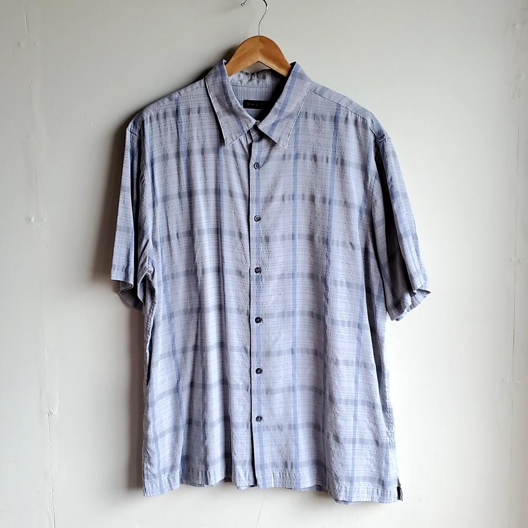 198◆VIA EUROPA レーヨン 半袖シャツ sizeXL チェック柄 柄シャツ USED ビッグサイズ オーバーサイズ キングサイズ拍卖