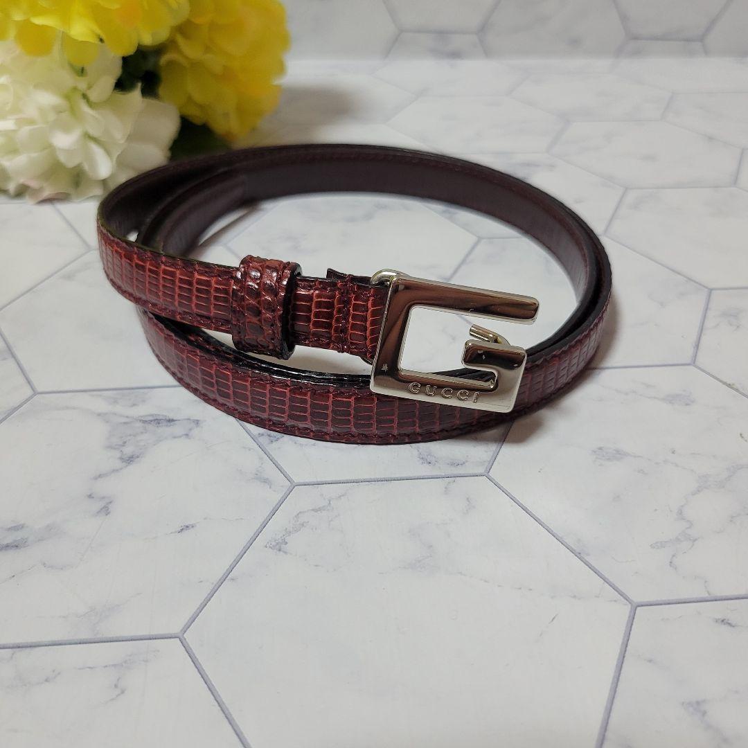GUCCI シルバー×レッド お洒落 レザー ベルト 細め スーツ パンツに拍卖