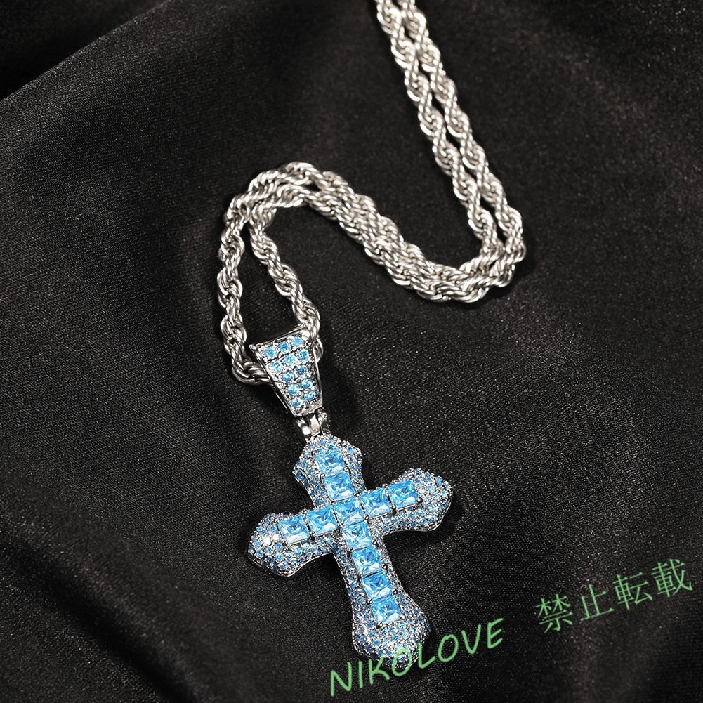 新品 高級感 誕生日 プレゼント ブルー マイアミチェーン ネックレス クロス 18KGP メンズ レディース 高品質 極太喜平 LA896拍卖