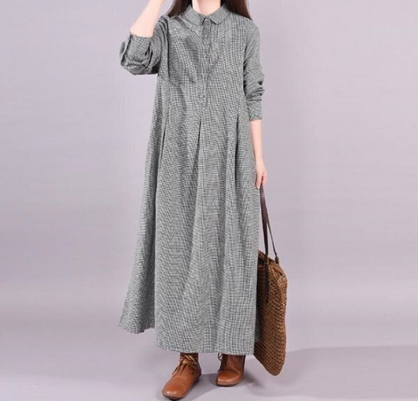 LC196 秋 カジュアル ゆったり チェック柄 総柄 20304050代 大きいサイズ 長袖 ロングワンピース XLサイズ拍卖