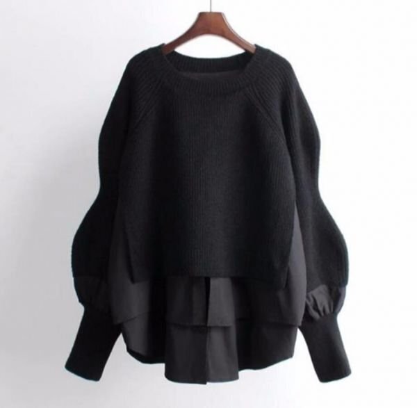 LC136 秋冬 カジュアル おしゃれ ニットセーター 切り替え 大きいサイズ トップス チュニック 黒 /2XLサイズ拍卖