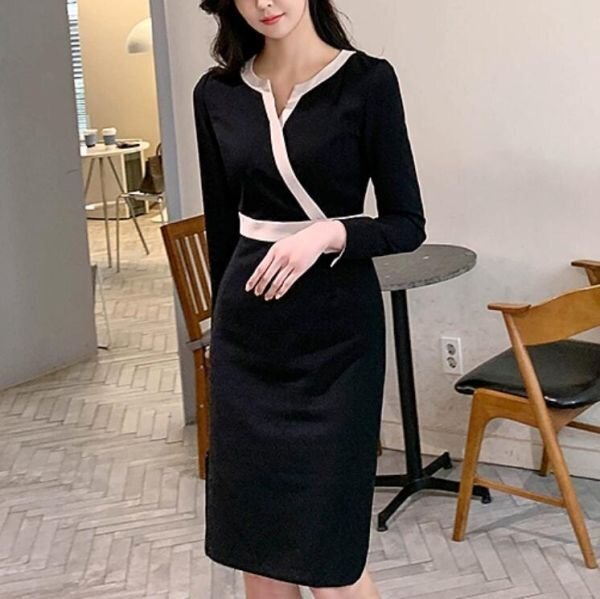 LB371 タイトワンピース きれいめ 膝丈 長袖 二次会 結婚式 大人 ひざ丈ワンピース 入園式 卒業式 OL パーティードレス ドレス XL拍卖